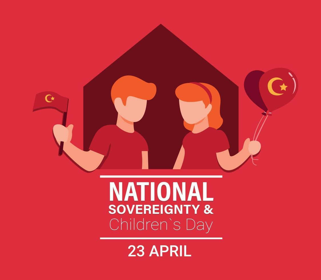 giornata della sovranità nazionale con un ragazzo e una ragazza che tengono bandiera e decorazione a palloncino in un fumetto piatto illustrazione vettoriale in sfondo rosso
