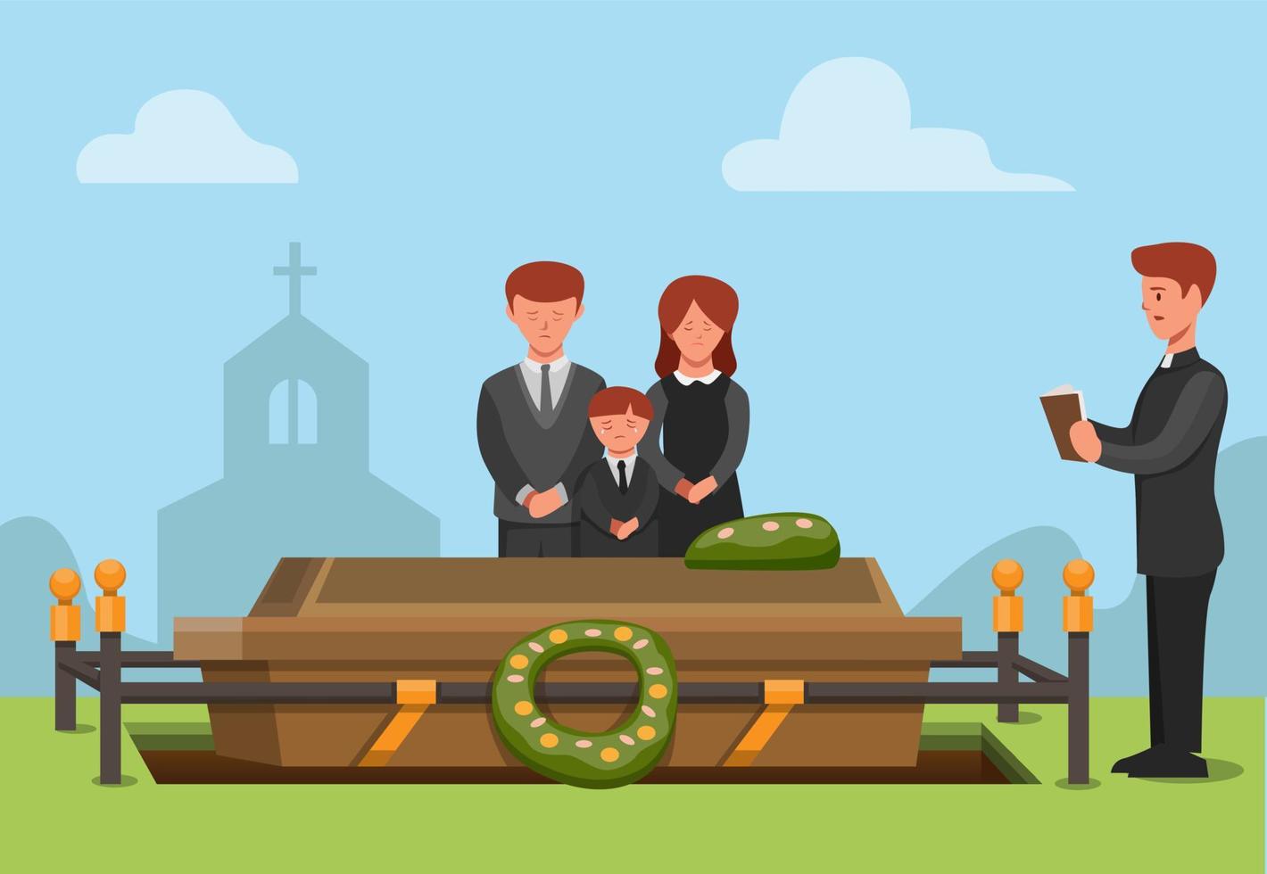 cerimonia funebre nella religione cristiana. la gente triste membro della famiglia è deceduta concetto scena illustrazione nel vettore di cartoni animati