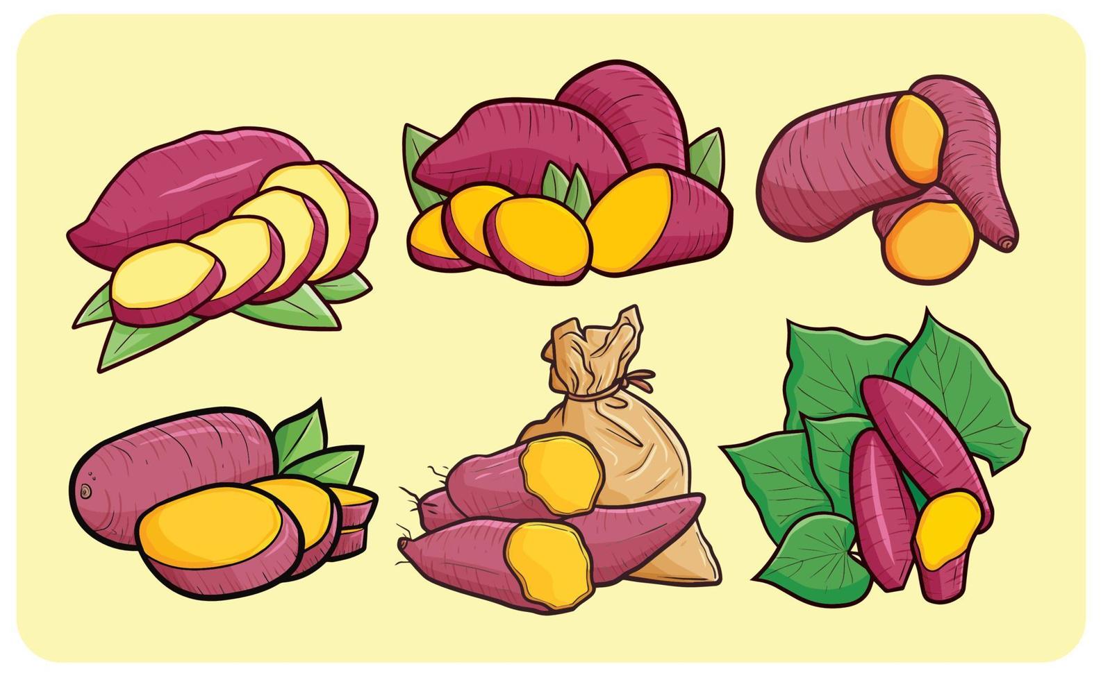 divertente set di illustrazioni di cartoni animati di patate dolci vettore