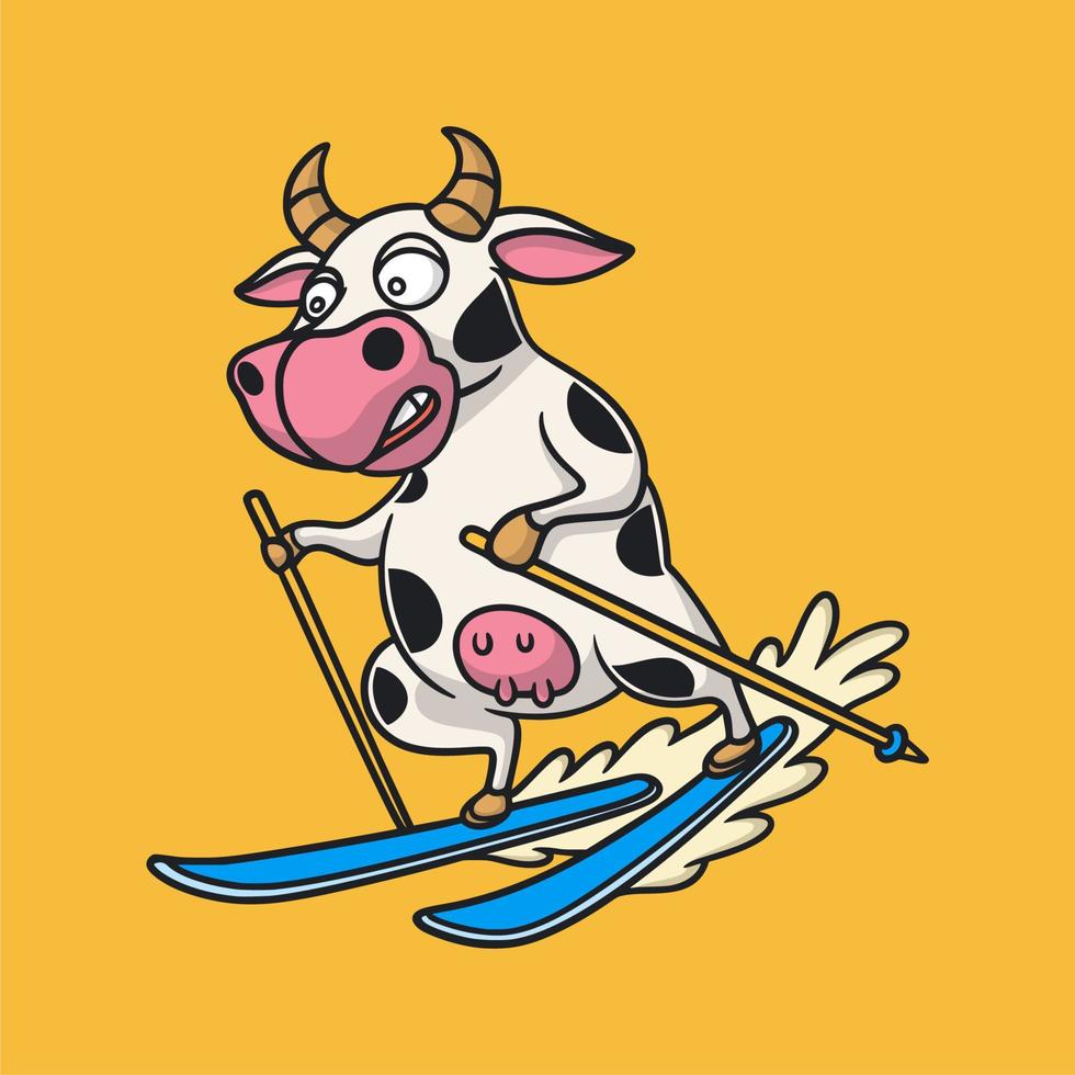cartone animato disegno animale mucche sci sul ghiaccio simpatico logo mascotte vettore