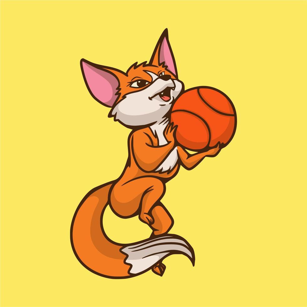 cartone animato disegno animale volpe che gioca a basket simpatico logo mascotte vettore