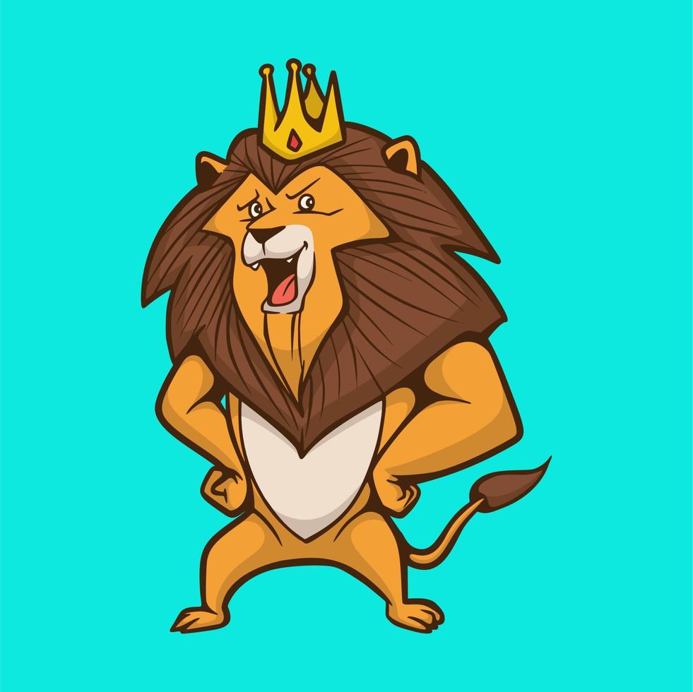 cartone animato disegno animale leone indossa una corona simpatico logo mascotte vettore