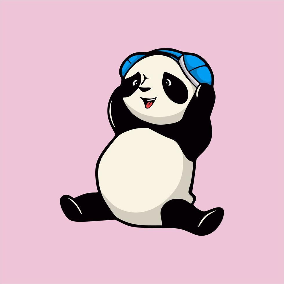 i panda di design animale dei cartoni animati ascoltano musica con un simpatico logo mascotte auricolare vettore