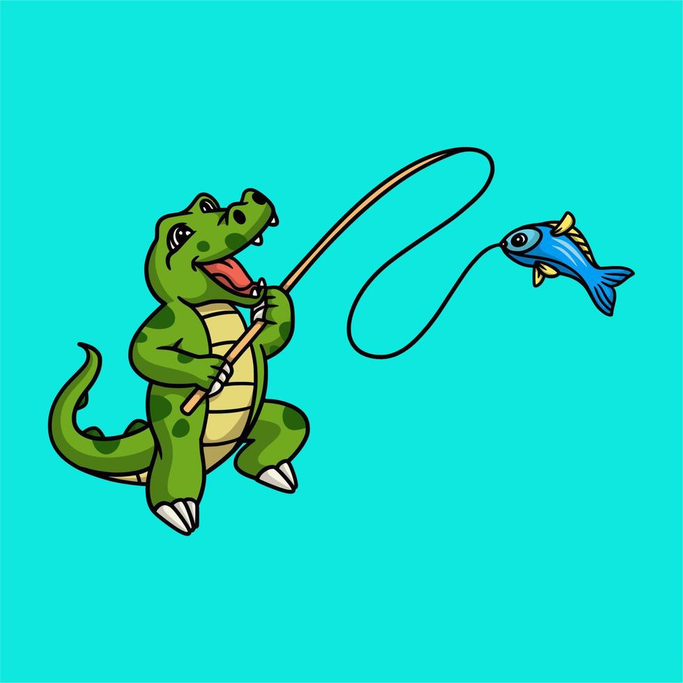 cartone animato disegno animale coccodrillo pesca simpatica mascotte logo vettore