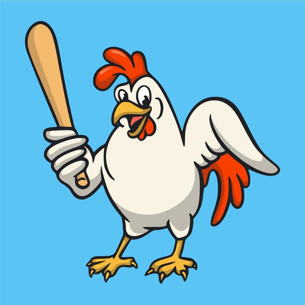 cartone animato disegno animale gallo che gioca a baseball simpatico logo mascotte vettore