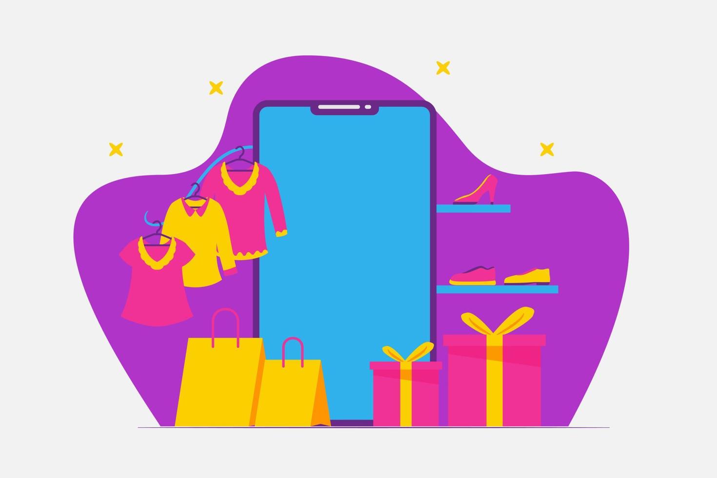 concetto di shopping mobile e-commerce con smartphone e vestiti alla moda per banner modello di sito web vettore