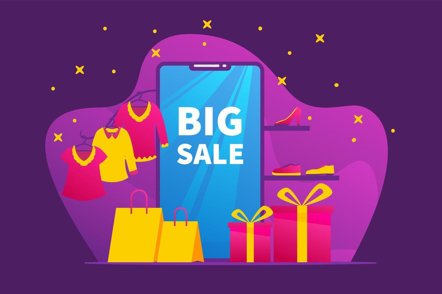 grande concetto di vendita per lo shopping online mobile con vari negozi di prodotti per modelli o banner design poster vettore