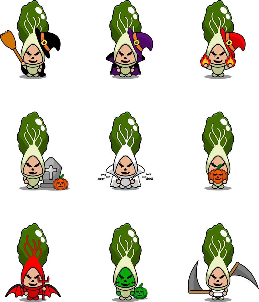 set di bundle di costumi di halloween della mascotte di pakcoy di verdure del personaggio dei cartoni animati di vettore