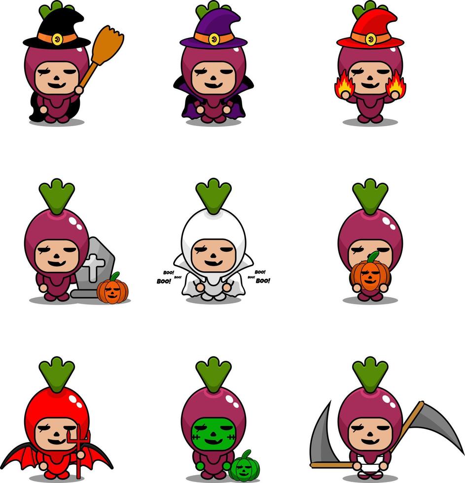 set di bundle di halloween per il costume della mascotte di patate dolci di verdure del personaggio dei cartoni animati di vettore