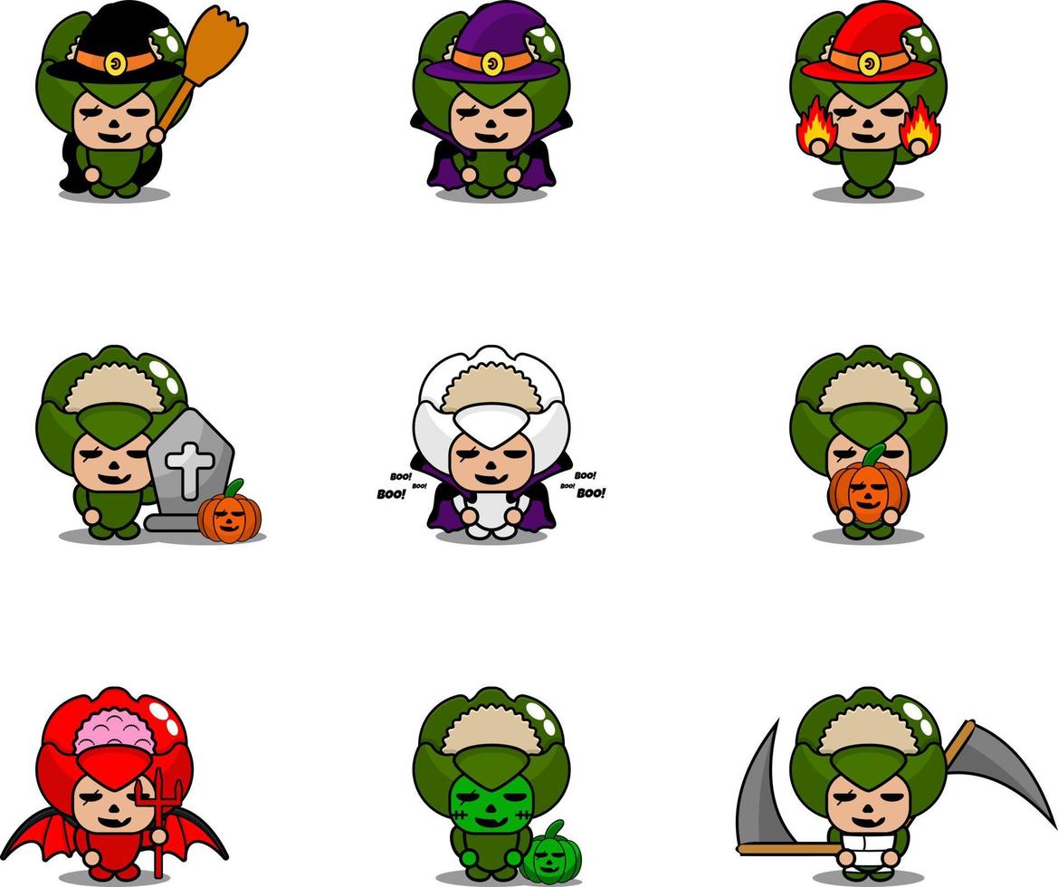 set di bundle di halloween del costume della mascotte del cavolfiore vegetale del personaggio dei cartoni animati di vettore