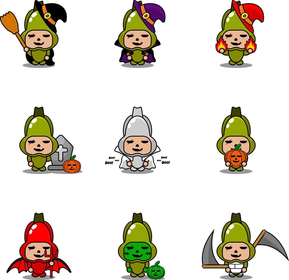 set di bundle di halloween del costume della mascotte del chayote vegetale del personaggio dei cartoni animati di vettore