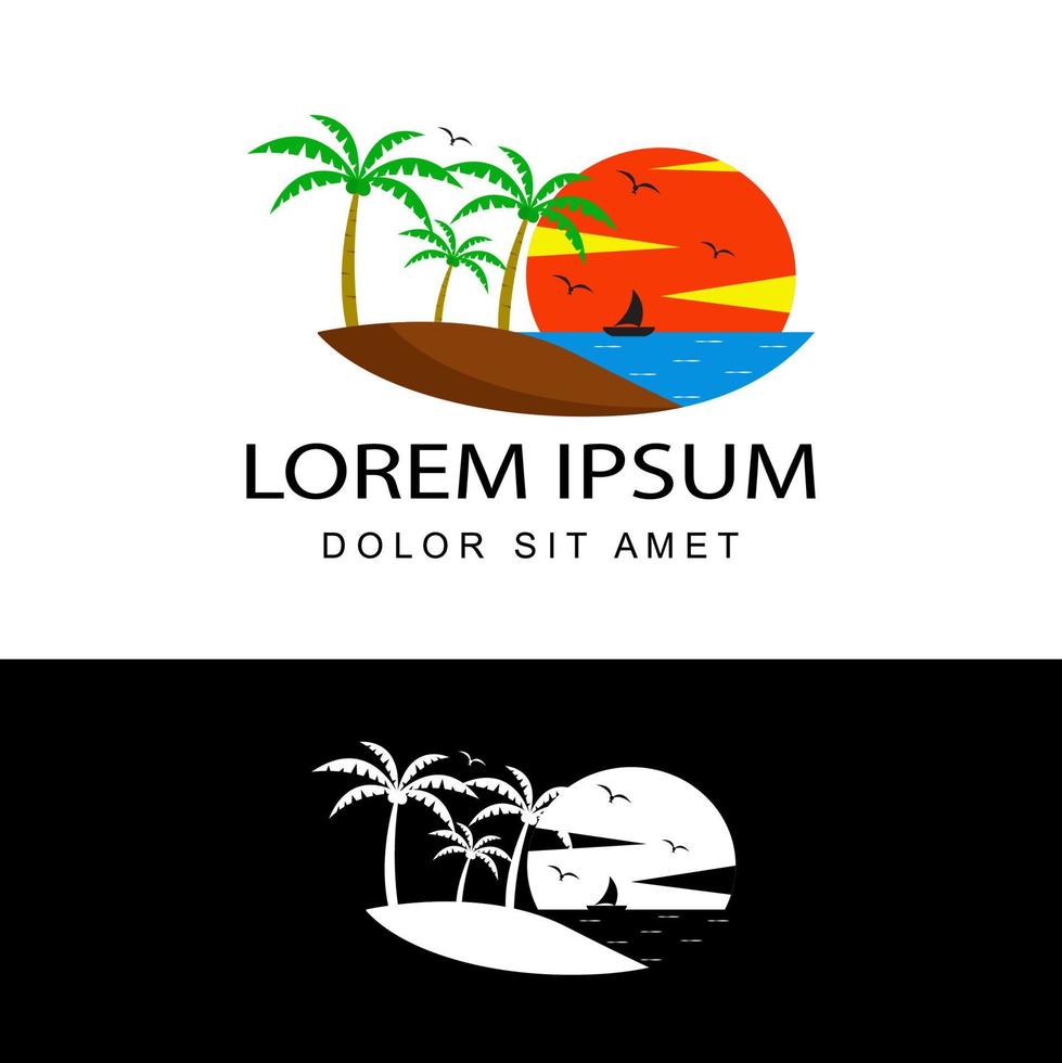 concetto tropicale, vacanze estive. vettore di progettazione del modello di logo di tramonto in fondo isolato