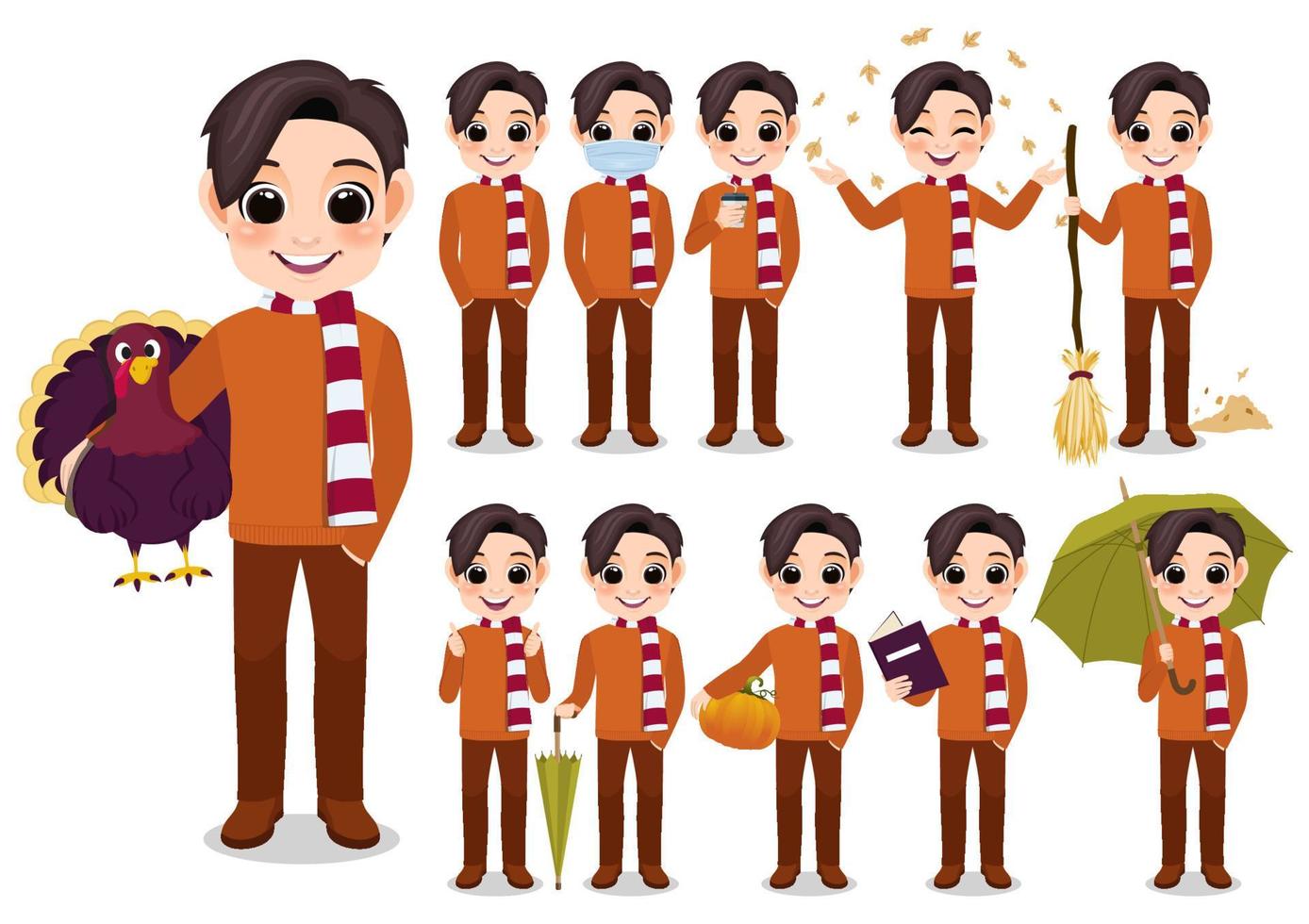 raccolta di attività all'aperto del personaggio dei cartoni animati del ragazzo di autunno con il maglione e la sciarpa arancioni, fumetto isolato sull'illustrazione bianca di vettore del fondo