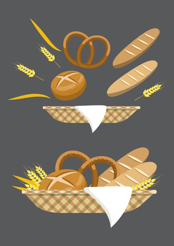 vettore di pane e cestino del pane piatto stile icona vettore