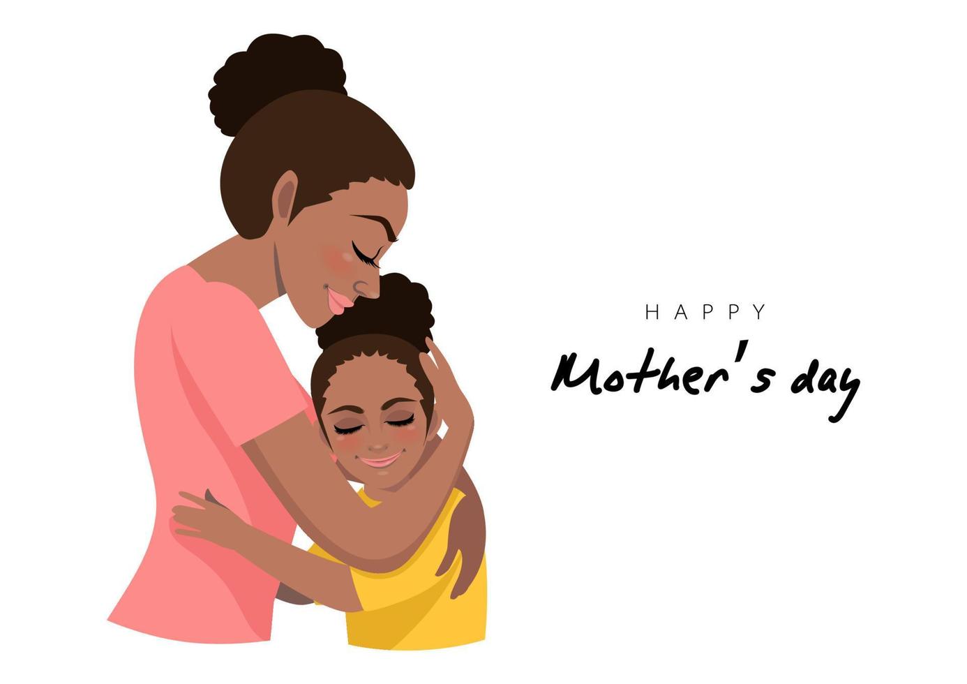 personaggio dei cartoni animati con abbraccio di mamma e figlia afroamericana. sfondo festa della mamma. disegno isolato su sfondo bianco. illustrazione vettoriale