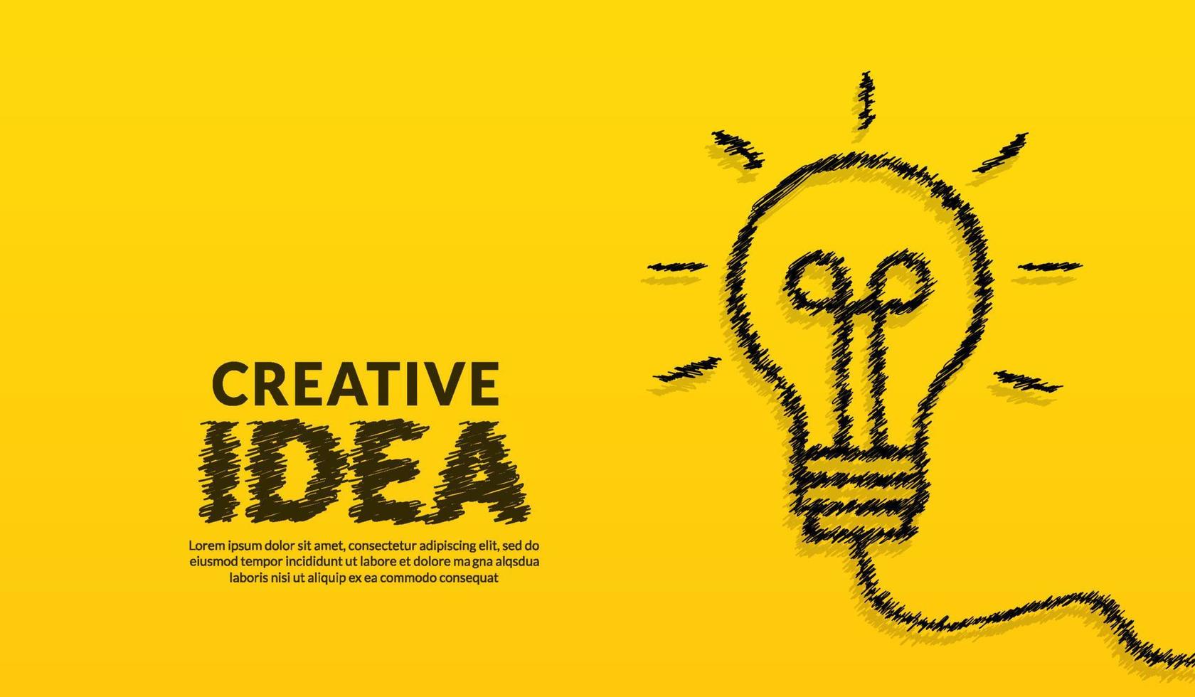 concetto di idee creative con lampadina scarabocchio e caratteri tipografici dell'idea su sfondo giallo, ispirazione, innovazione, creatività vettore