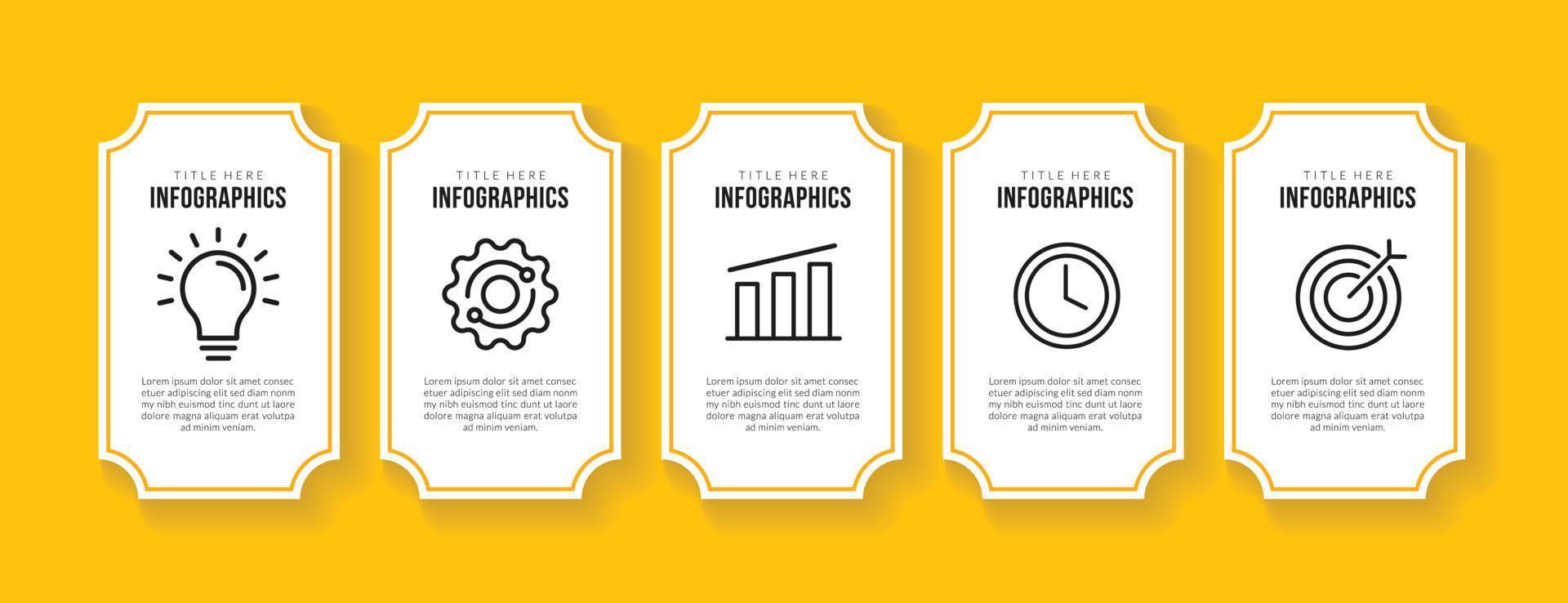 design del modello di infografica del flusso di lavoro di stampa aziendale con 5 opzioni, concetto di visualizzazione dei dati della timeline aziendale vettore