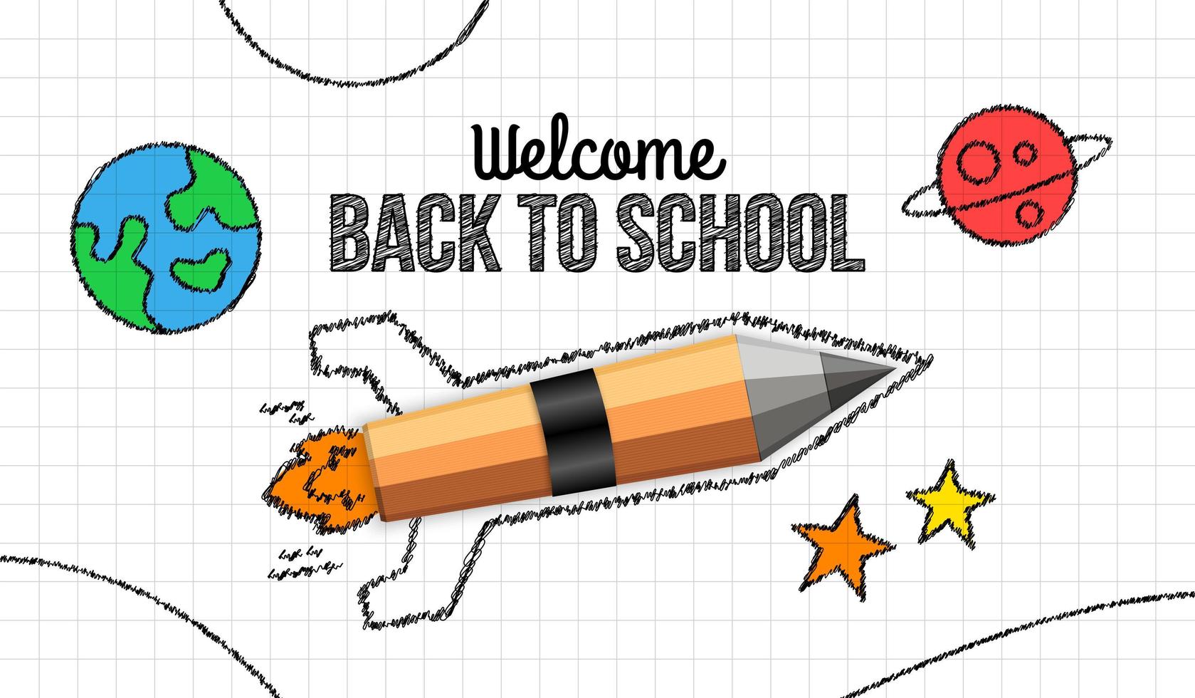 lancio realistico di un razzo a matita su carta bianca, bentornato a scuola doodle background vettore