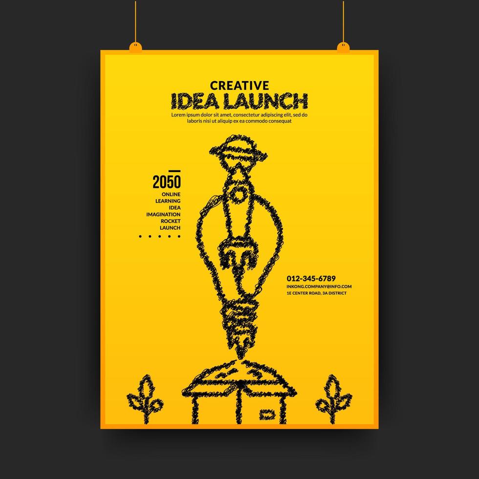 idee creative e concetto di innovazione con lancio di un razzo a lampadina fuori dal poster, avvio dell'idea di fondo vettore