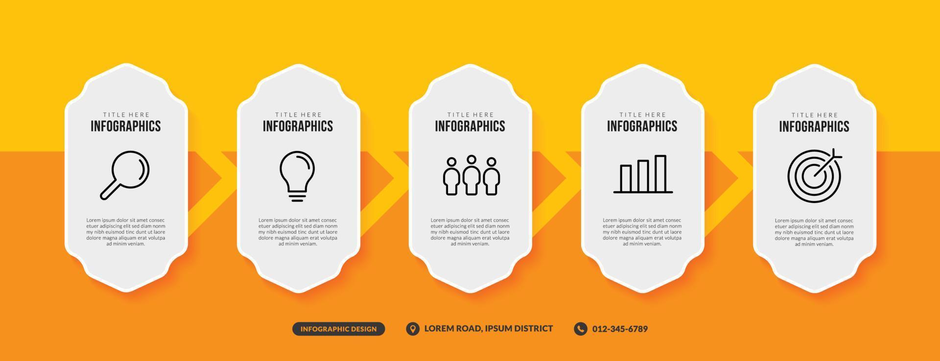 Modello di infografica con 5 opzioni su sfondo giallo, flusso di lavoro aziendale con concetto di più passaggi vettore