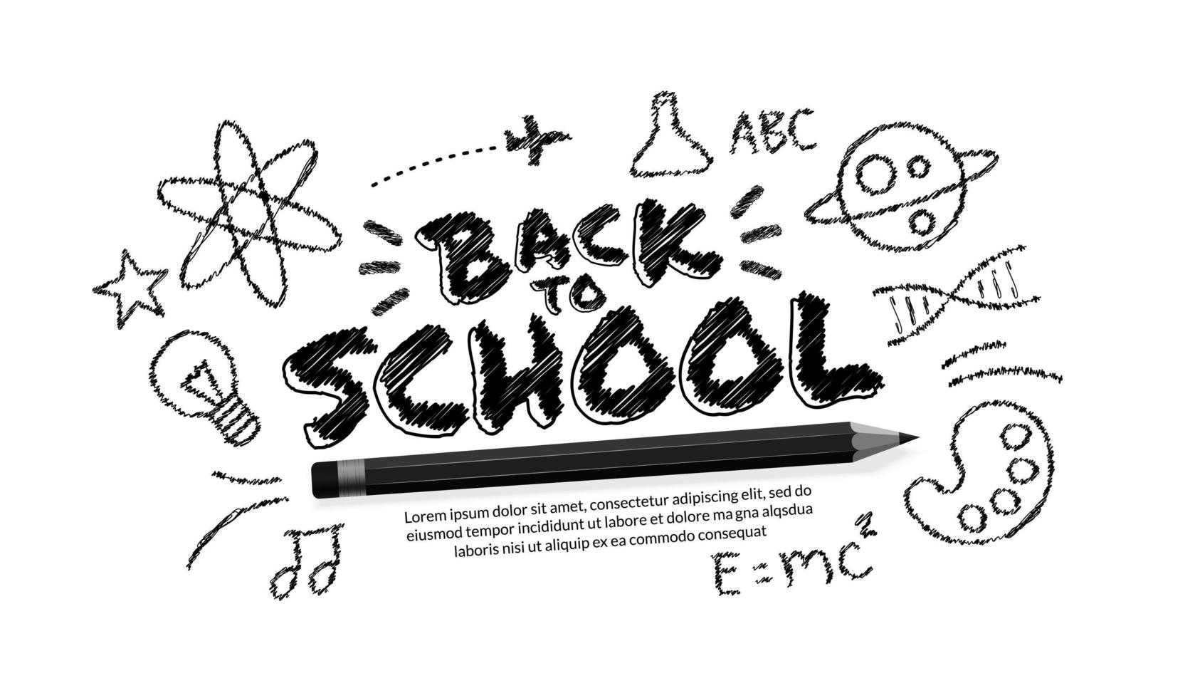 Bentornato a scuola testo con matita realistica e scarabocchi su sfondo bianco vettore