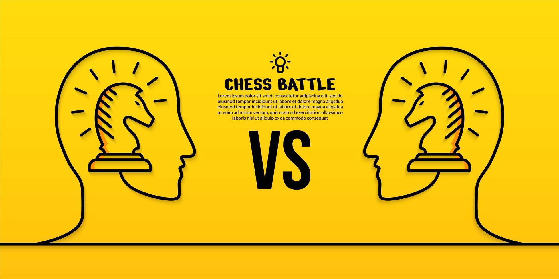 teste umane con illustrazione di scacchi lineari su sfondo giallo, concetto di strategia aziendale battle vettore