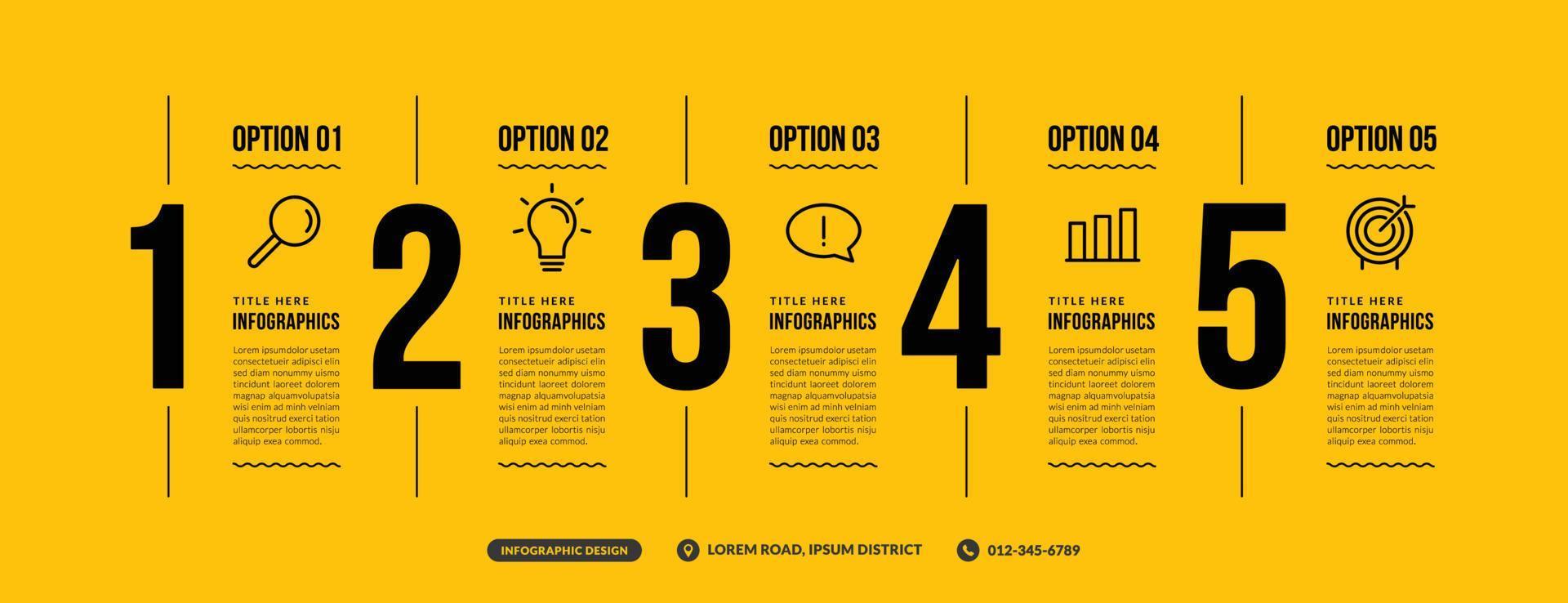 Modello di infografica con 5 opzioni su sfondo giallo, flusso di lavoro aziendale con più passaggi in un design minimale a linea sottile vettore