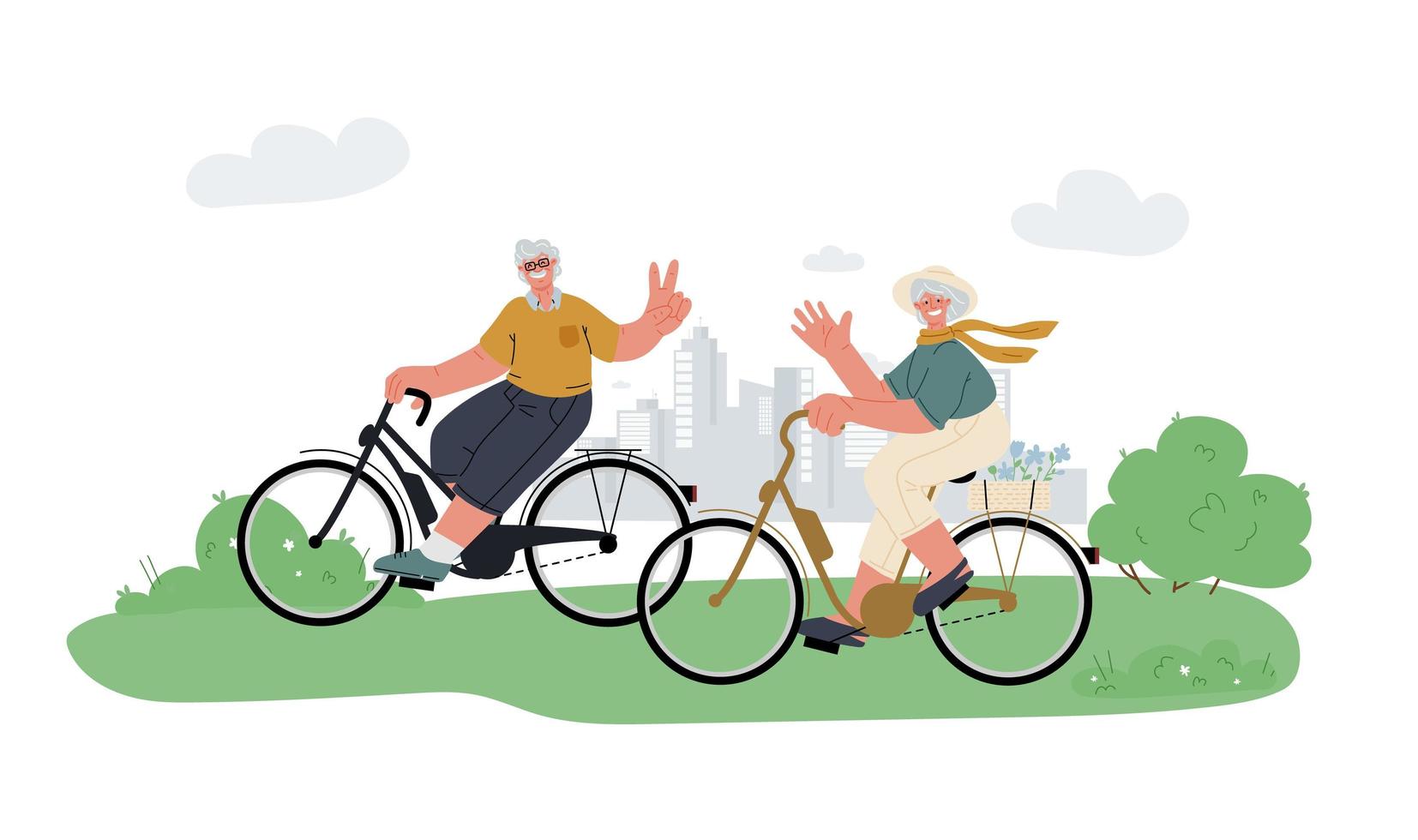 nonno attivo, nonna giro e-bike in parkrelax.active anziani all'aperto vita.attività estiva.illustrazione vettoriale. vettore