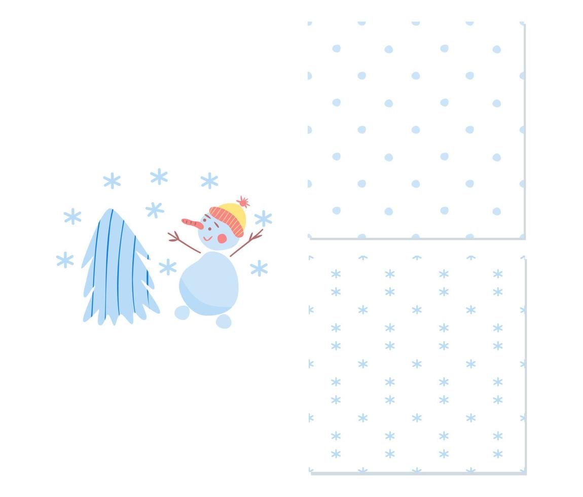 simpatico pupazzo di neve e albero. due semplici modelli senza cuciture per vestiti infantili, design della superficie. illustrazione vettoriale. vettore