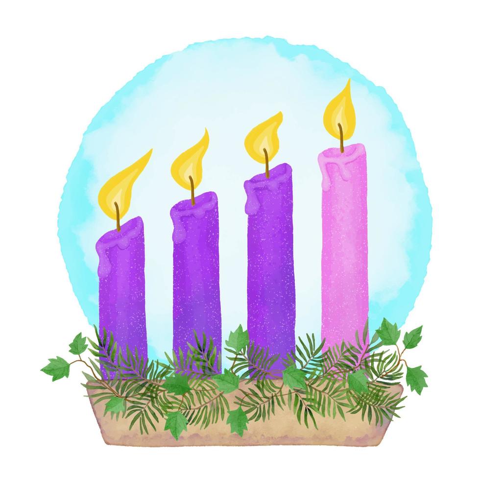 quattro candele dell'avvento decorate con ramoscelli di abete vettore