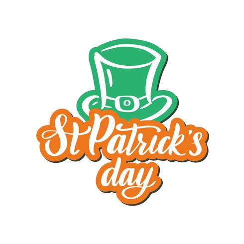 Composizione irlandese con cappello leprechaun verde, etichetta saint patrick day. vettore