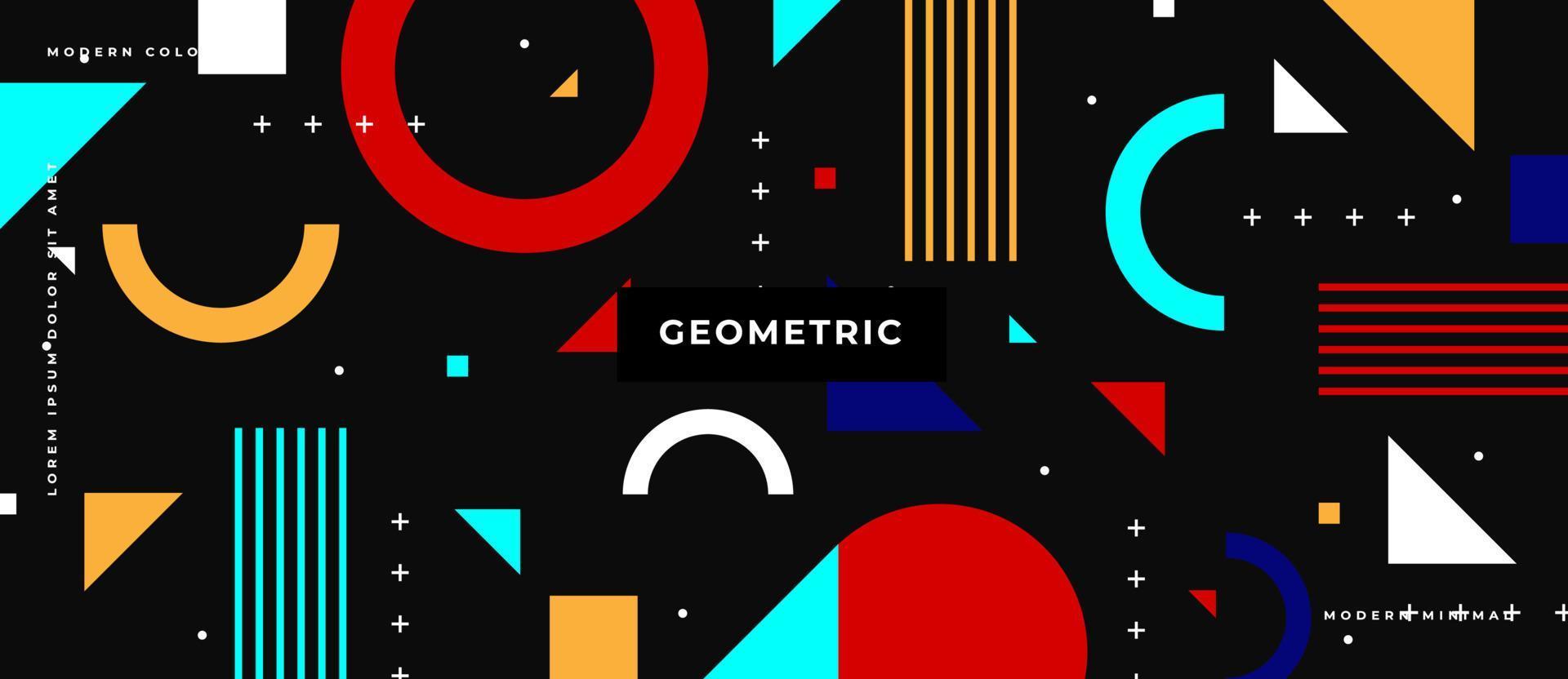 forma geometrica piatta colorata, cerchio, triangolo, punto, linea in movimento su sfondo nero senza cuciture. vettore