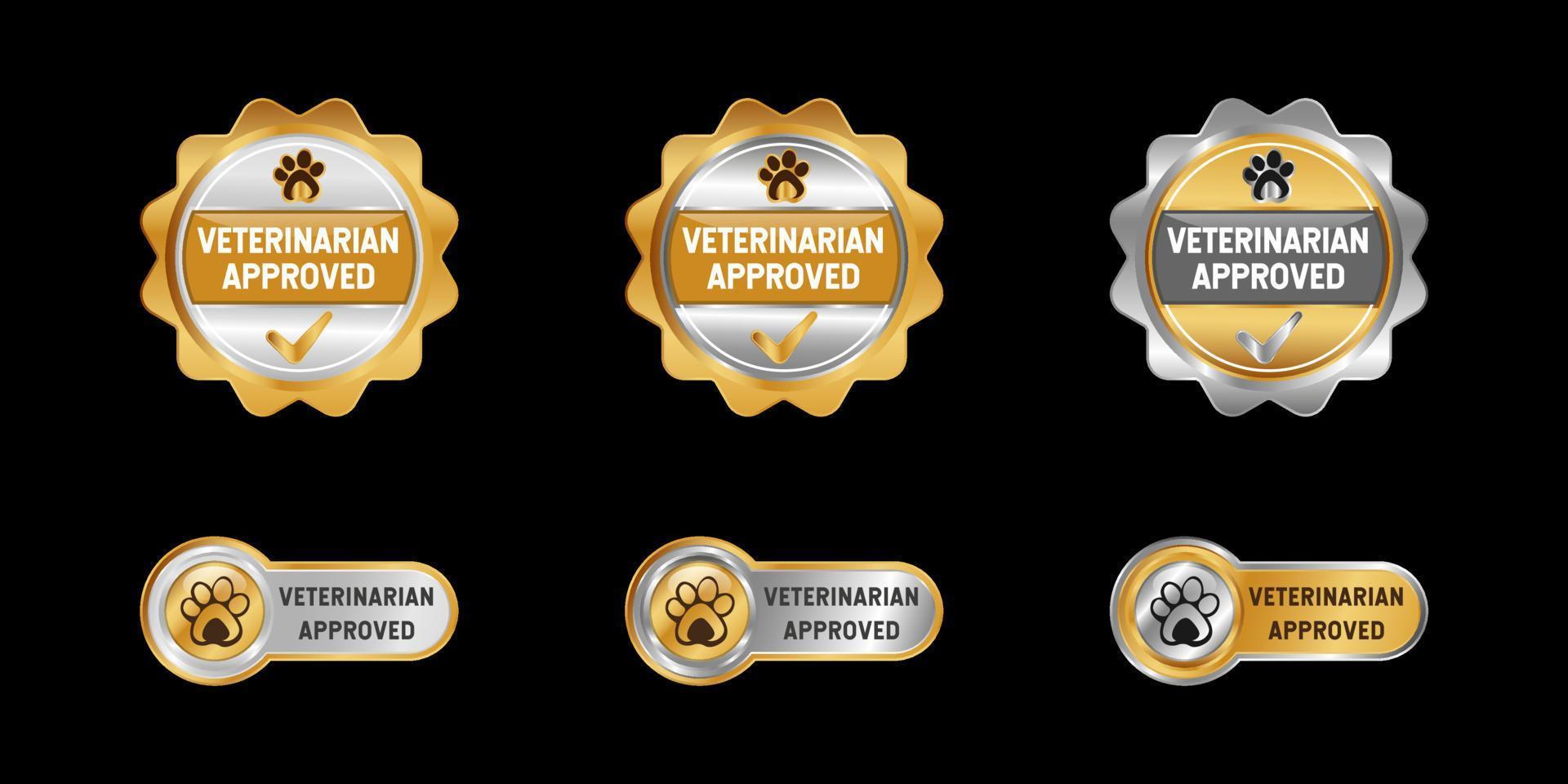 etichetta, timbro, distintivo o logo approvato dal veterinario. con zampa e segno di spunta. sui colori platino, oro e argento. vettore di emblema premium e di lusso