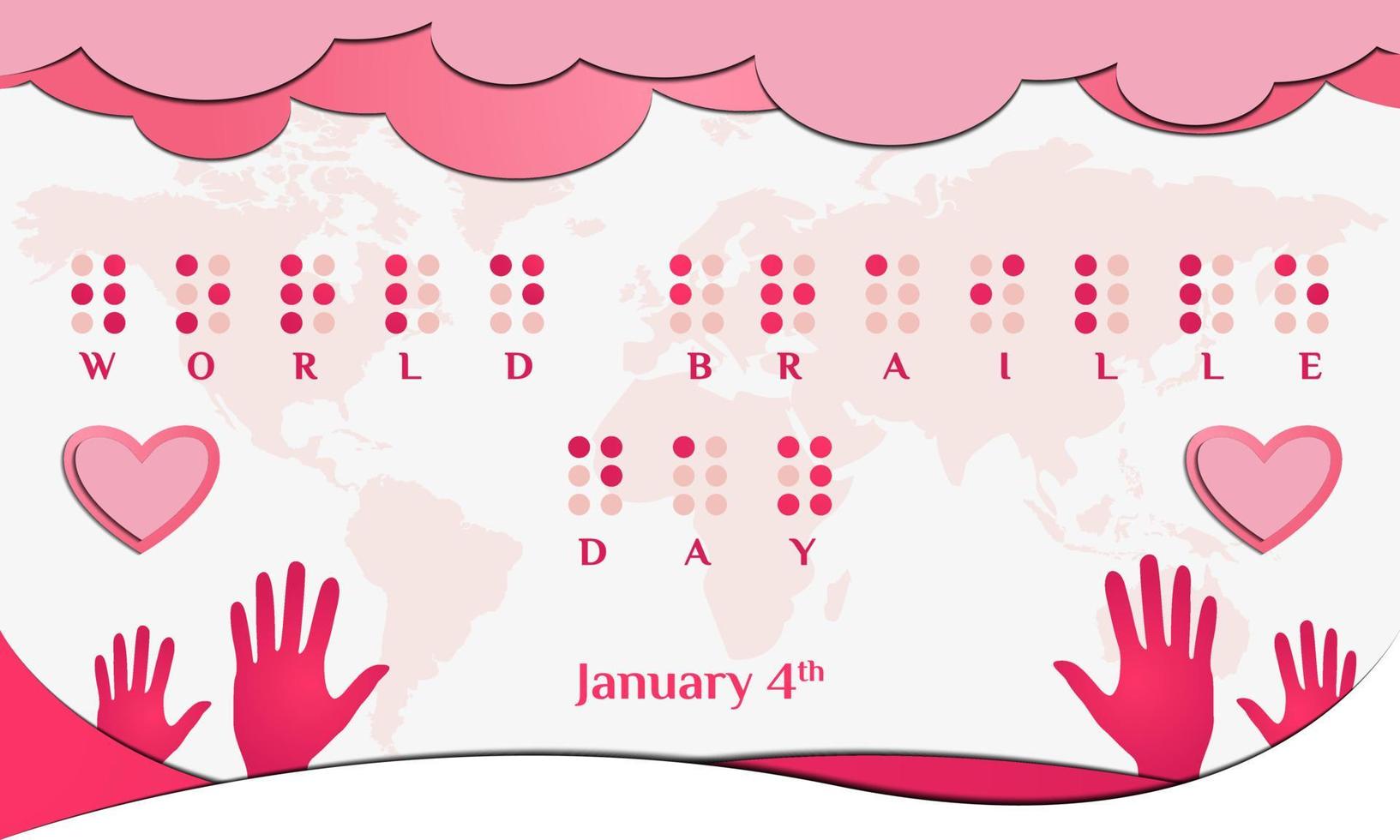 sfondo della giornata mondiale braille. 4 gennaio. biglietto di auguri premium e di lusso, lettera, poster o banner su colore rosa. con una mano, un cuore e un segno di amore vettore icona