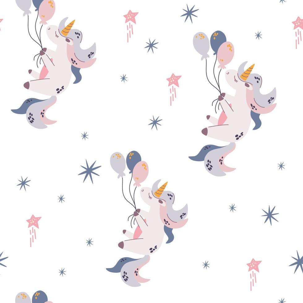 modello senza cuciture di unicorno. unicorno che vola su palloncini. sfondo del cielo stellato. perfetto per la stampa di tessuti per bambini, abbigliamento vettoriale simpatici personaggi dei cartoni animati in stile scandinavo disegnato a mano infantile.