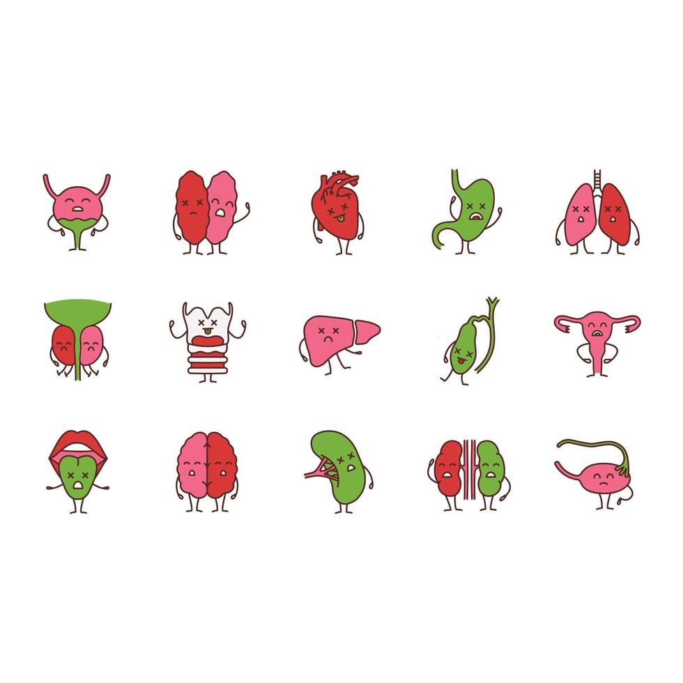 set di icone di colore dei caratteri degli organi interni umani tristi. malattie dell'apparato respiratorio, urinario, riproduttivo, dell'apparato digerente. emoji di organi malsani. illustrazioni vettoriali isolate