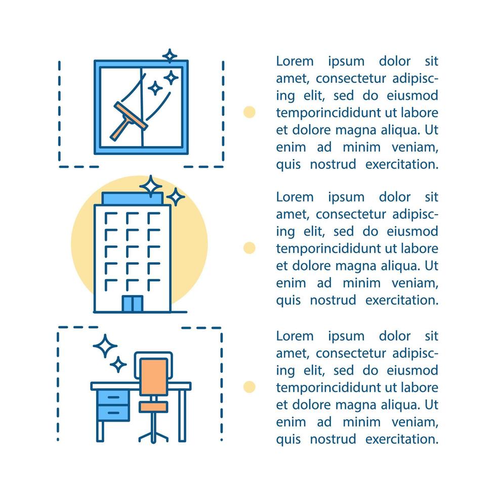 modello di vettore della pagina dell'articolo del servizio di pulizia dell'ufficio. pulizie, lavori domestici. pulizia delle finestre. brochure, elemento di design di una rivista con caselle di testo. disegno di stampa. illustrazioni concettuali con spazio di testo