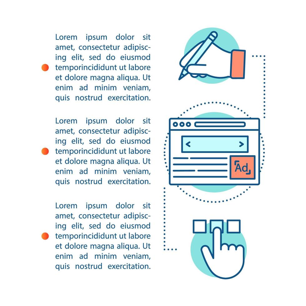 modello di vettore della pagina dell'articolo pubblicitario. media, annunci contestuali. brochure, rivista, design di opuscoli. creazione di contenuti. marketing digitale. copywriting. disegno di stampa. concetto con spazio di testo