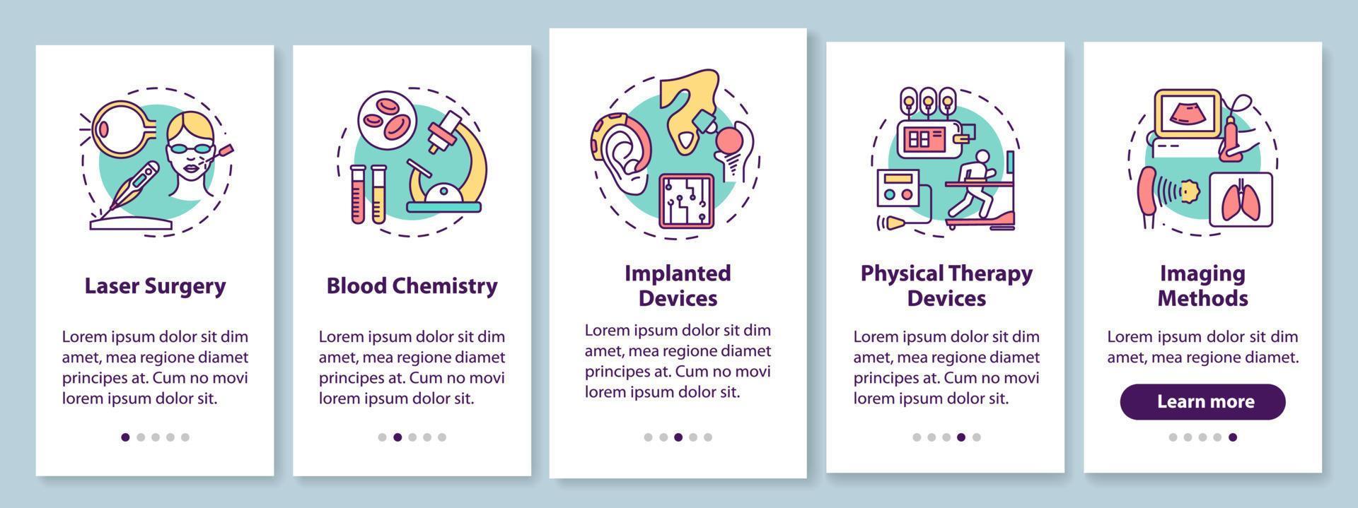 Schermata della pagina dell'app mobile di onboarding dell'ingegneria biomedica con concetti lineari. chirurgia laser. chimica del sangue. cinque passaggi illustrativi istruzioni grafiche. ux, ui, template vettoriale gui, illustrazioni