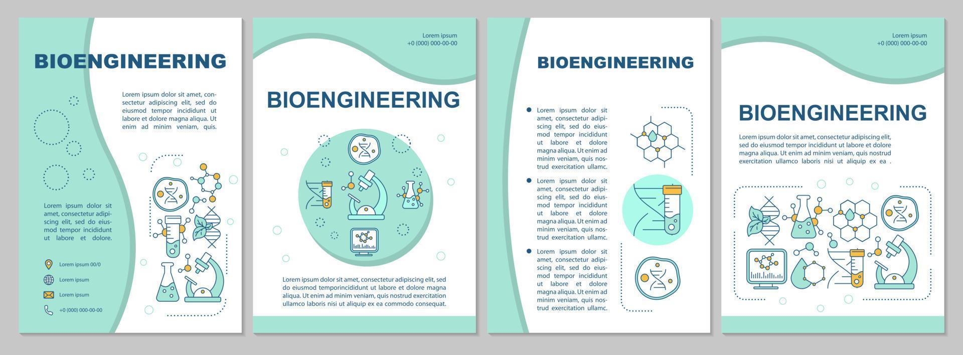 modello di brochure di bioingegneria. flyer, booklet, stampa depliant, copertina con illustrazioni lineari. ricerca di laboratorio. layout di pagine vettoriali per riviste, relazioni annuali, manifesti pubblicitari