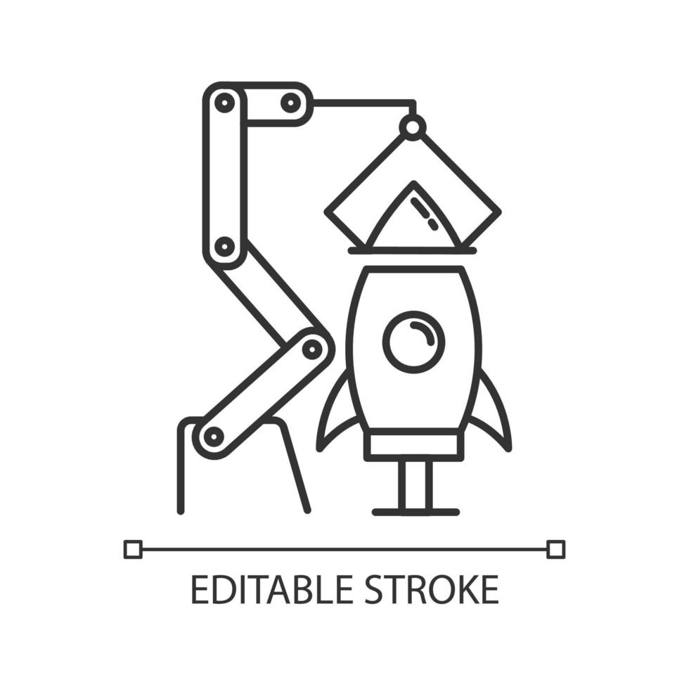icona lineare dell'industria aerospaziale. settore aeronautico. produzione aeronautica. montaggio del razzo. costruzione di missili. illustrazione di linea sottile. simbolo di contorno. disegno vettoriale isolato profilo. tratto modificabile