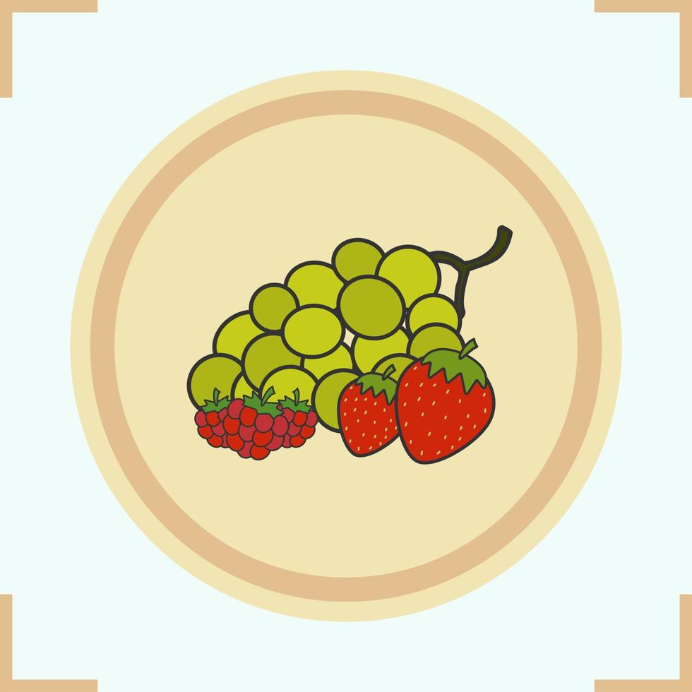 icona di colore di bacche. articoli da drogheria. grappolo d'uva verde, fragola e lampone sul piatto di legno. illustrazione vettoriale isolato