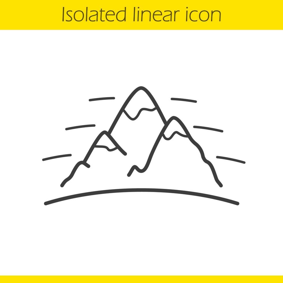 icona lineare di montagne. emblema della giornata internazionale dell'alpinismo. illustrazione di linea sottile. alpinismo e simbolo del contorno escursionistico. disegno vettoriale isolato contorno