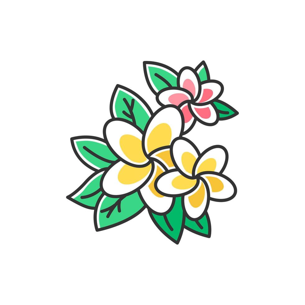 plumeria icona di colore rosa e giallo. fiori di regione esotica. flora delle isole indonesiane. piccole piante tropicali. fiore di frangipani con foglie. natura di Bali. illustrazione vettoriale isolato
