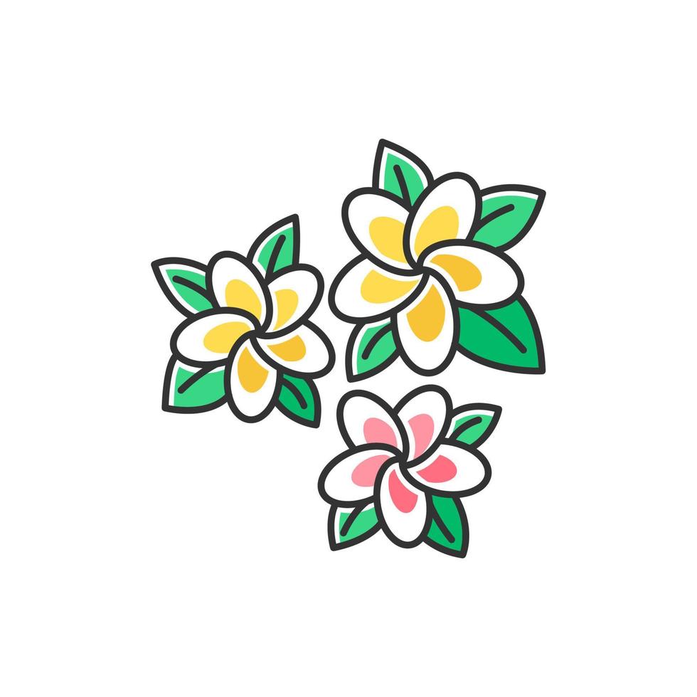 plumeria icona di colore rosa e giallo. tre fiori di regione esotica. flora delle giungle indonesiane. piccole piante tropicali. fiore di frangipani con foglie. natura di Bali. illustrazione vettoriale isolato