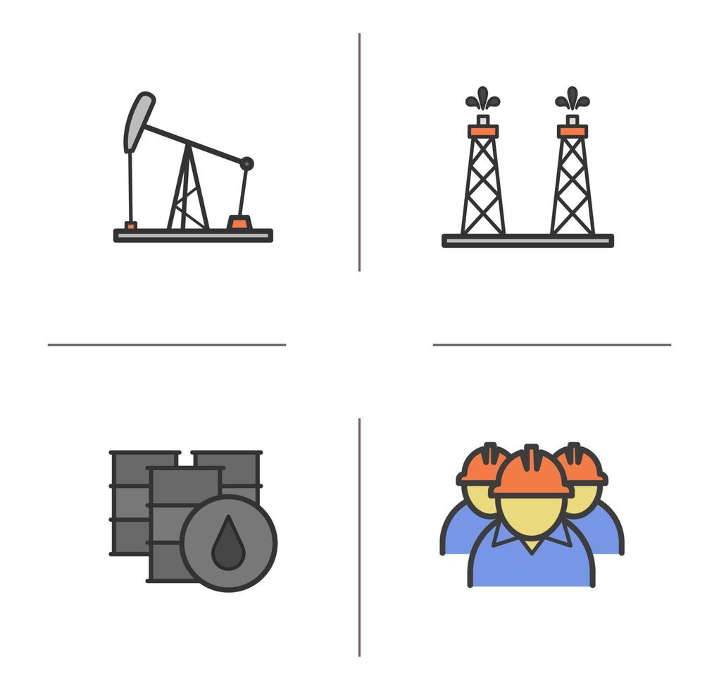 set di icone di colore dell'industria petrolifera. pompa di petrolio, piattaforma di perforazione, barili e lavoratori dell'industria. illustrazioni vettoriali isolate
