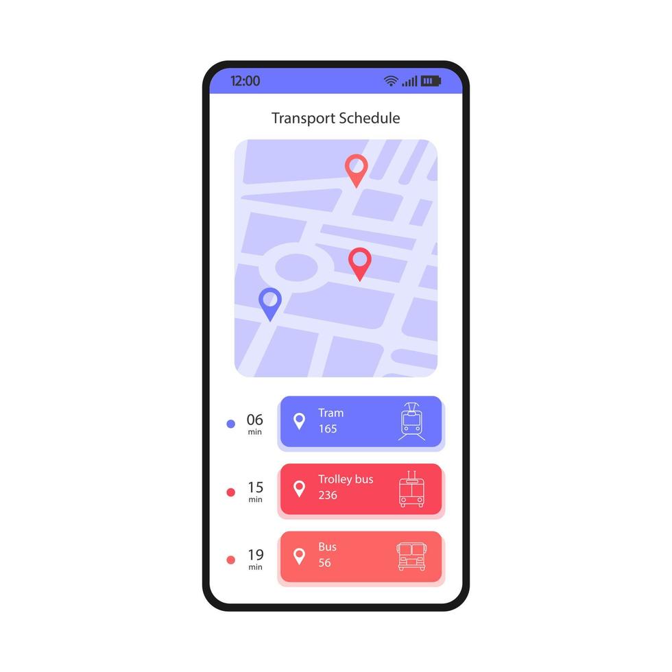 modello di vettore di interfaccia smartphone programma di trasporto. layout di design bianco della pagina dell'app mobile. schermo di tracciamento di tram, tram, autobus. interfaccia utente piatta per l'applicazione. orari dei mezzi pubblici. display del telefono