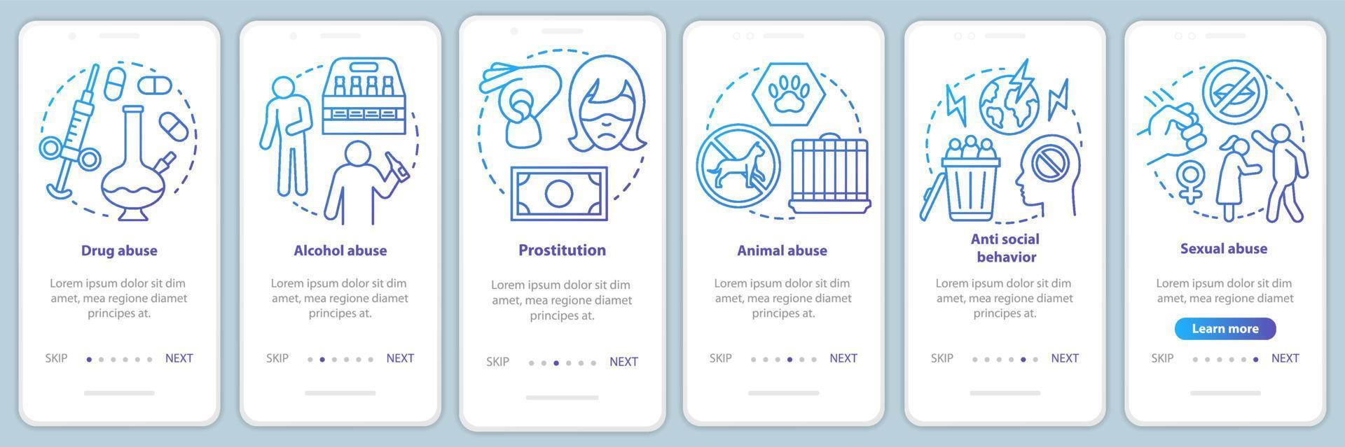 problemi comportamentali durante l'onboarding della schermata della pagina dell'app mobile con concetto lineare. abuso di droghe e alcol, molestie sessuali dettagliate istruzioni grafiche. ux, ui, gui modello vettoriale con icona