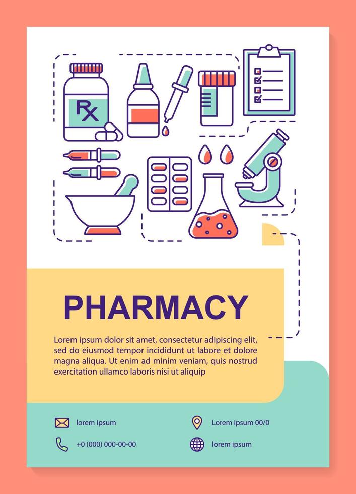 layout del modello di poster dell'industria farmaceutica. produzione di farmaci. banner, opuscolo, stampa di volantini con icone lineari. layout di pagina brochure vettoriali per riviste, volantini pubblicitari