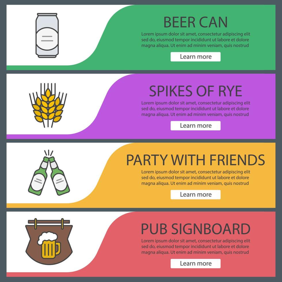 set di modelli di banner di birra. spighe di segale, lattine di birra e bottiglie per tostare, insegna di un pub. voci di menu del sito web. banner web a colori. concetti di design delle intestazioni vettoriali